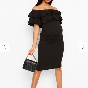 Two MATERNITY RUFFLE OFF THE SHOULDER MIDI DRESSes. One black one blue